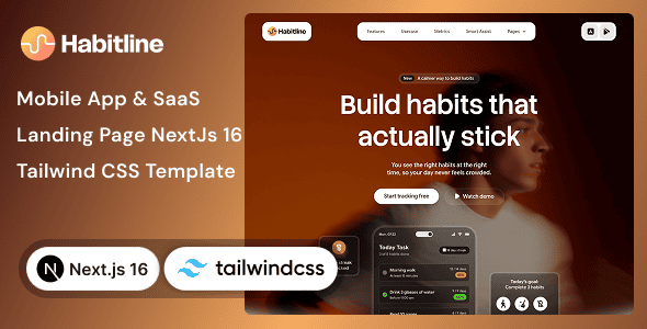 Habitline 1.0 – мобильное приложение, целевая страница SaaS, Nextjs 16 и CSS-шаблон Tailwind.